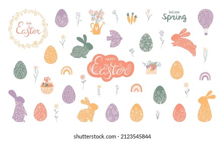 Set easter eggs and rabbit with lettering in flat style. Illustration rainbow, watering can, basket in pastel colors with text Happy Easter. Vector