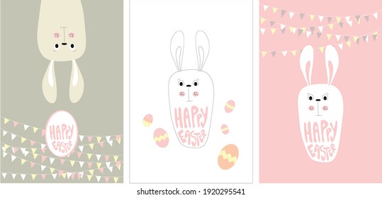 Set of easter eggs and rabbits. Happy Easter Day. Vectorial illustration.