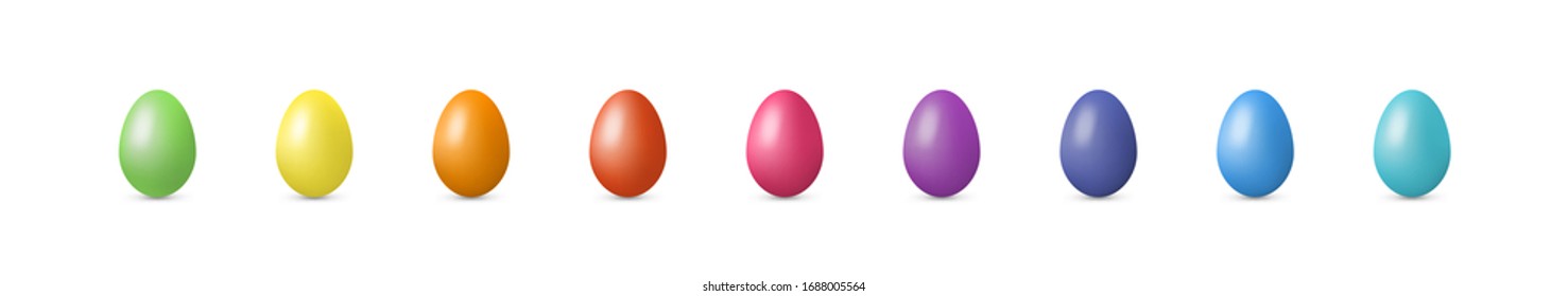 Set easter eggs with realistic effect on white background, 3d effect. Vector isolated illustration with icons of color eggs. For web, banners, greeting cards, posters, decorating storefront, wrapping.