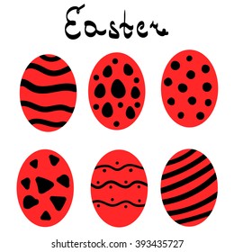  Set of Easter eggs. Red eggs colored lines and dots in ethnic style. Vector illustration