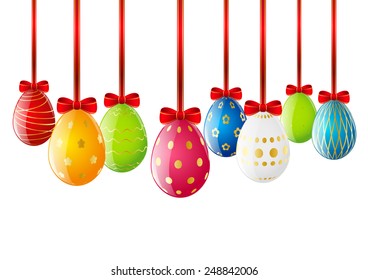 Set of Easter eggs with red ribbon