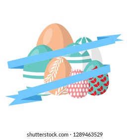 Set of Easter eggs with ribbons and  different texture on a white background. Concept of Spring holiday.