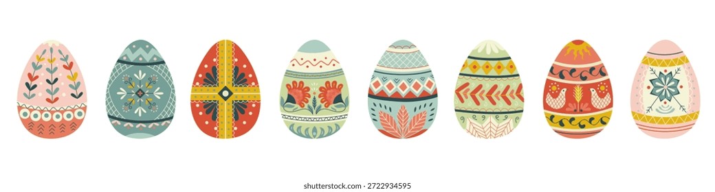 Set of Easter eggs in Scandi folk style with hand drawn ornamental patterns Decorative vector illustrations with textured details for holiday design, packaging, greeting cards, posters, seasonal decor