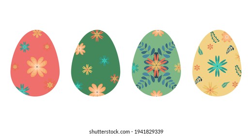 set of Easter eggs in spring decoration. Eggs decorated with flowers. Vector flat illustration.