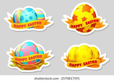 Set of Easter eggs stickers in bird nest for your greeting card, stickers, invitations and many other designs. Vector illustration in flat cartoon style