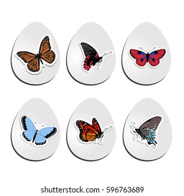 set of Easter eggs with stickers of butterflies. collection of eggs for the Easter holiday. vector illustration. pattern for decoration