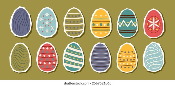 Set of Easter eggs stickers isolated on green. Colored Easter eggs cliparts. Vector hand drawn collection.