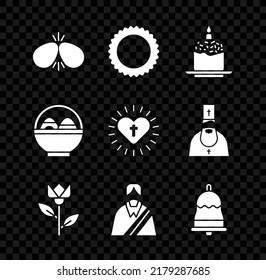 Set Easter eggs, Sun, cake and candle, Flower tulip, Jesus Christ, Ringing bell, Basket with easter and Christian cross heart icon. Vector