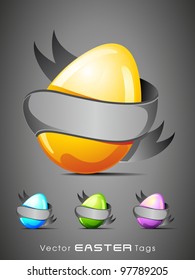 Set of Easter eggs tag. Use as label, tag, icon, sticker and button, vector illustration in yellow, sky blue, green and purple colors.