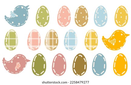 A set of Easter eggs with the texture of different types of fabric in different colors. The contour of eggs and birds are made of pea, cage and plain fabric in different colors. Vector illustration.