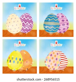 Set of easter eggs with texture and text on a landscape. Vector illustration