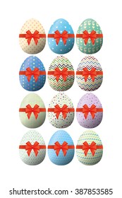 Set of easter eggs with textures and ribbons on a white background