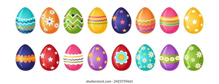 Set of Easter eggs. The traditional symbol of Easter is a painted egg with patterns. Vector illustration.