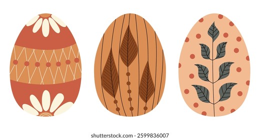 A set of Easter eggs with a variety of patterns. Each egg has a unique design, including floral motifs, plant elements and geometric shapes. flat, geometric, minimalist, ethnic