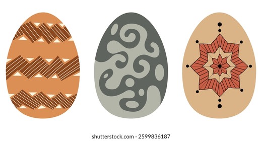 A set of Easter eggs with a variety of patterns. Each egg has a unique design, including floral motifs, plant elements and geometric shapes. flat, geometric, minimalist, ethnic
