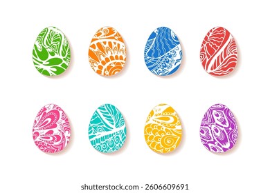 Set of Easter eggs of various colors, different intricate ethnic ornamental patterns with paisleys