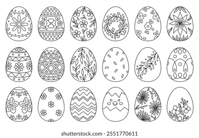 Set of Easter eggs with various floral and geometric patterns. Black and white outline illustration for coloring pages and holiday decoration.