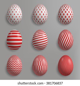 Set of easter eggs with various patterns on a gray background. Vector.