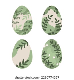Set with Easter eggs. Vector set with green painted Easter eggs. Easter eggs decorated with leaves.