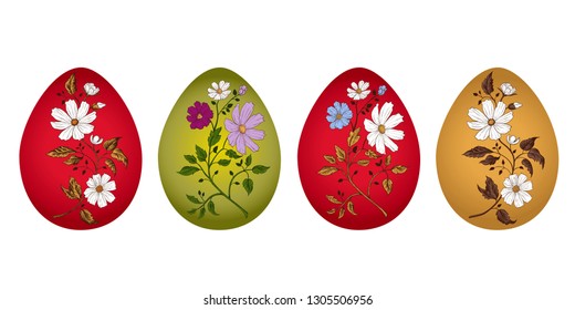 Set of Easter eggs with vintage bouquets. Engraved design elements. Festive image. Hand drawn vector illustration. Color sketch.