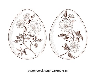  Set of Easter eggs with vintage bouquets. Engraved design elements. Festive  image. Hand drawn vector illustration.