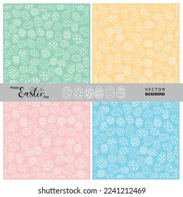 Set of Easter eggs white outline pattern on 4 colours background green yellow pink blue banner design. Vector illustrator. 