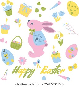 Set of Easter elements. Bright easter collection. Spring mood and spring set of flowers, cakes, eggs, gift and rabbit. Vector illustration for stickers, poster, postcard