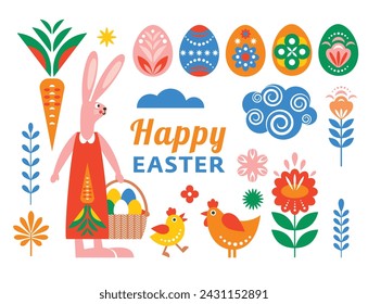 Set of Easter elements, Easter bunny with basket eggs, Easter eggs