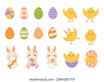 Set of Easter elements. Easter bunny, chicks and eggs. Flat vector isolated illustration