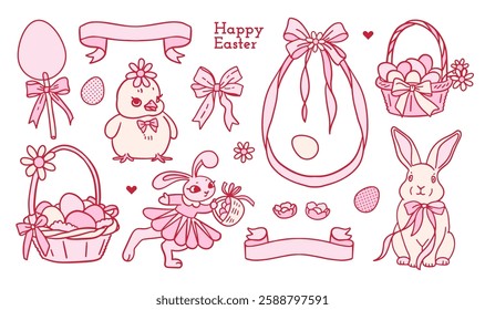 Set of Easter elements and characters with pink bows, ribbons. . Simple contour hand drawn flat clip art for Easter design. Coquette girls design. Vector