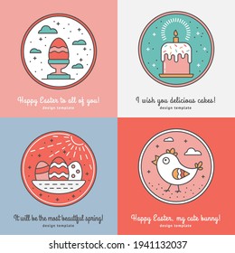 Set of Easter Elements Collection of Templates for Postcard, Gift Tag, Mail Letterhead, Web Design and Advertising with Copyspace. Cute Easter Celebration Symbols Drawn in Linear style