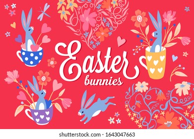 Set of Easter elements. Cute Easter bunnies in cups, hearts of flowers. Also great for Valentine's Day.