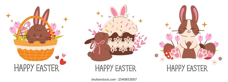 Set of easter elements. Cute Easter cards set. Collection of holiday icons. Spring collection of animals, flowers and decorations. For poster, card, scrapbooking , stickers