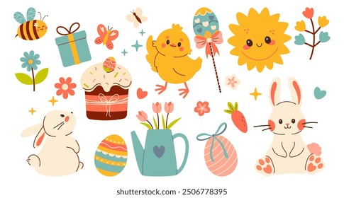 Set of easter elements. Cute Easter set. Spring collection of animals, flowers and decorations. For poster, card, scrapbooking , stickers	
