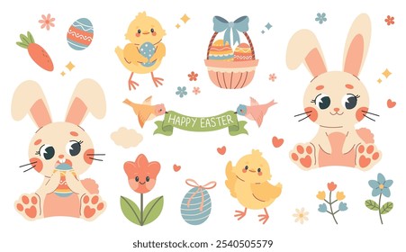 Set of easter elements. Cute Easter set. Spring collection of animals, flowers and decorations. For poster, card, scrapbooking , stickers. Collection of doodle animal and adorable design for kids