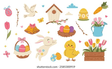 Set of easter elements. Cute Easter set. Spring collection of animals, flowers and decorations. For poster, card, scrapbooking , stickers 