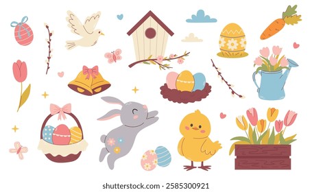 Set of easter elements. Cute Easter set. Spring collection of animals, flowers and decorations. For poster, card, scrapbooking , stickers 