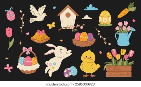 Set of easter elements. Cute Easter set. Spring collection of animals, flowers and decorations. For poster, card, scrapbooking , stickers 