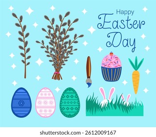 Set of easter elements. Cute Easter set. Spring collection of bunnies, flowers,eggs,verb and decorations. For poster, card, scrapbooking, stickers.