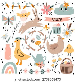 Set of Easter elements. Cute Easter set. Spring collection of rabbit, duck, flowers, eggs. Spring illustration in hand drawn style. Isolated on white background.