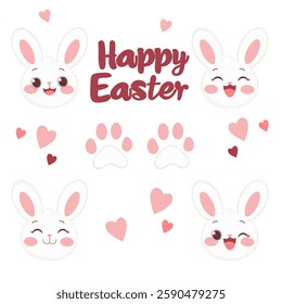Set of Easter Elements, Different Bunny Expressions, Paws, Hearts and "Happy Easter" Handwriting, Vector Illustration