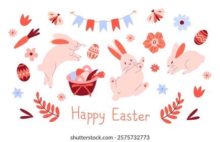 A set with Easter elements. Different rabbits, a basket with eggs, flowers, flags. Easter card