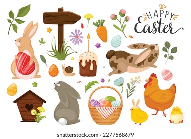 Set of Easter elements Eggs, chicken and chickens, rabbit, flowers, willow, twigs, basket, plate. Ideal for holiday decoration and stickers