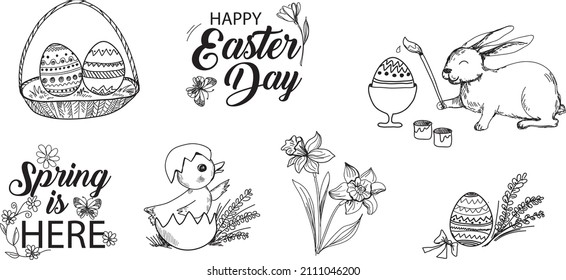 Set of Easter elements: Easter eggs, painted eggs, Easter bunny, daffodils, tulips. Hand drawing sketch, doddle.