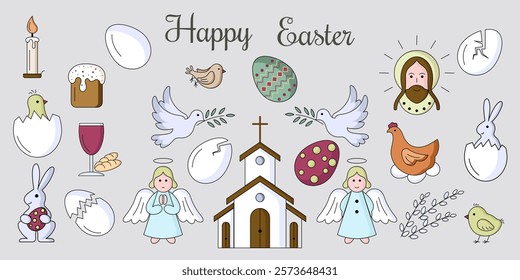 Set of Easter elements in flat style with black outline
