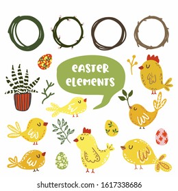 Set of easter elements hens and eggs, frame isolated on white background vector. Spring illustration. Details for Easter holiday design.  
