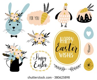 Set of Easter elements. Holidays Spring collection. Vector illustration.