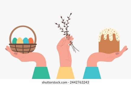 Set of Easter elements. A human hand holds Kulich, a basket with Easter eggs, willow branches. Vector illustration for Happy Easter, greeting cards, banners, design