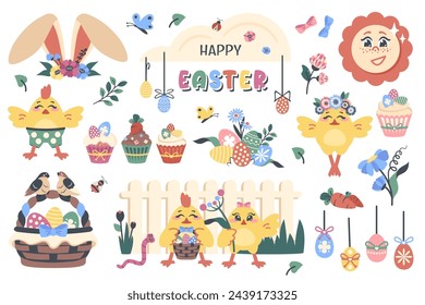 Set of easter elements isolated. Easter egg, bunny ears, chicks, birds on basket, fence, carrot, cake. Hand draw doodle elements for decorated greeting card, poster, party. Vector Cartoon illustration