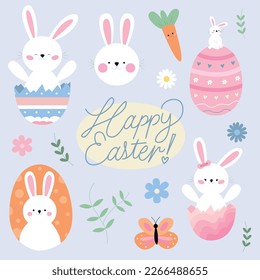 Set of easter elements with lettering, eggs and bunnies
